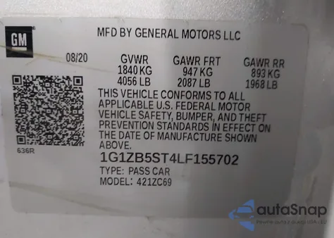 2020 Chevrolet Malibu Fwd Ls z USA, uszkodzony, nr VIN 1G1ZB5ST4LF155702